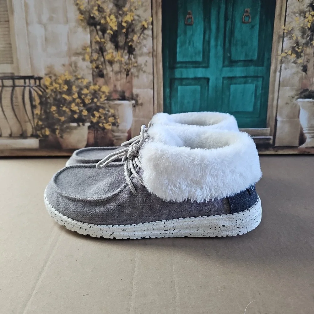 Hey Dude Britt Winter Boots Womens 8 Faux Fur Comfort Moc Toe Gray 121774000